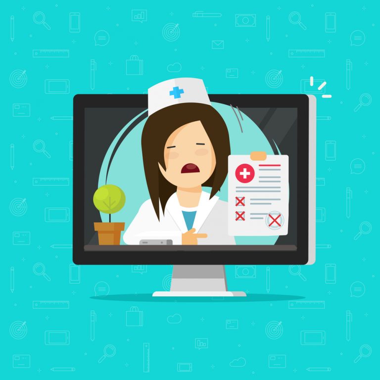 Dibujo enfermera mostrando resutados médicos a través del ordenador. Teleasistencia